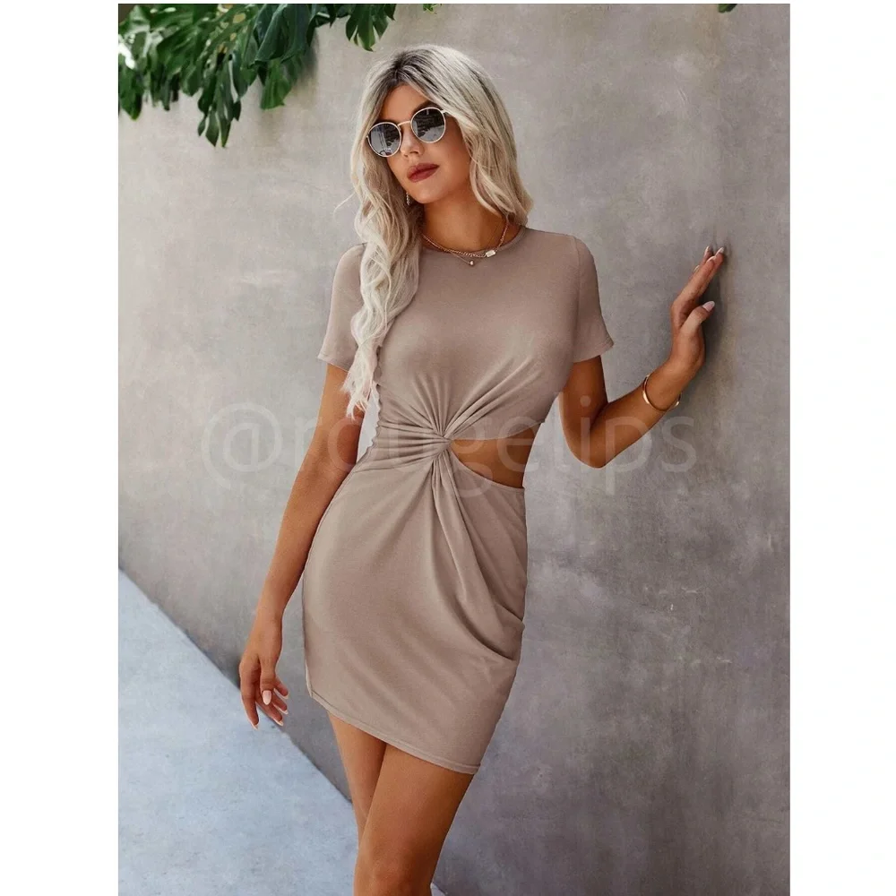 Casual Tee Shirt Dress Cutout Short Sleeve Beige Mini - Picture 2 of 6